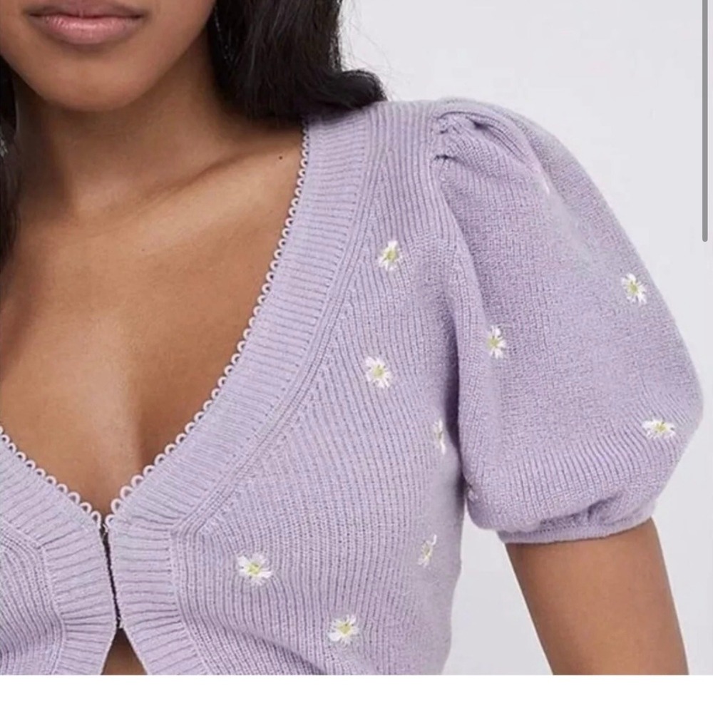 For Love & Lemons • Daisy Embroidered Cropped Cardigan Puff Sleeve M Cottagecore - Picture 3 of 12